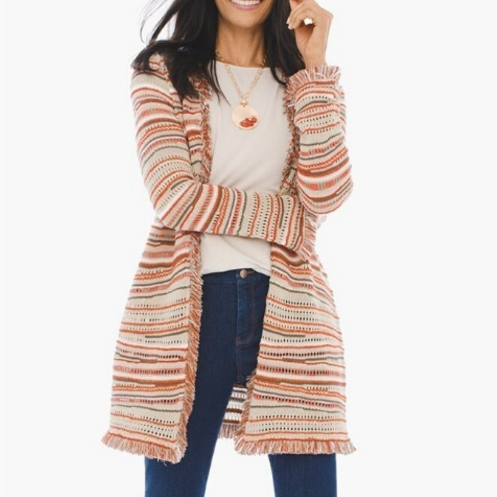Chico’s Long Cardigan Duster Fringe Autumn Colors Stripes Cotton Blend Small